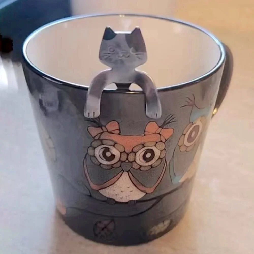 Cat Spoons Tea Spoons Stirrers Cup Hugging Kitty Cats Stainless Steel 2 PC Set
